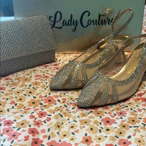 Gold Rhinestone Slingback Heels and matching purse